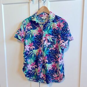 LOFT Floral Tropical Short-Sleeve Pajama Top in Navy, Pink & Green